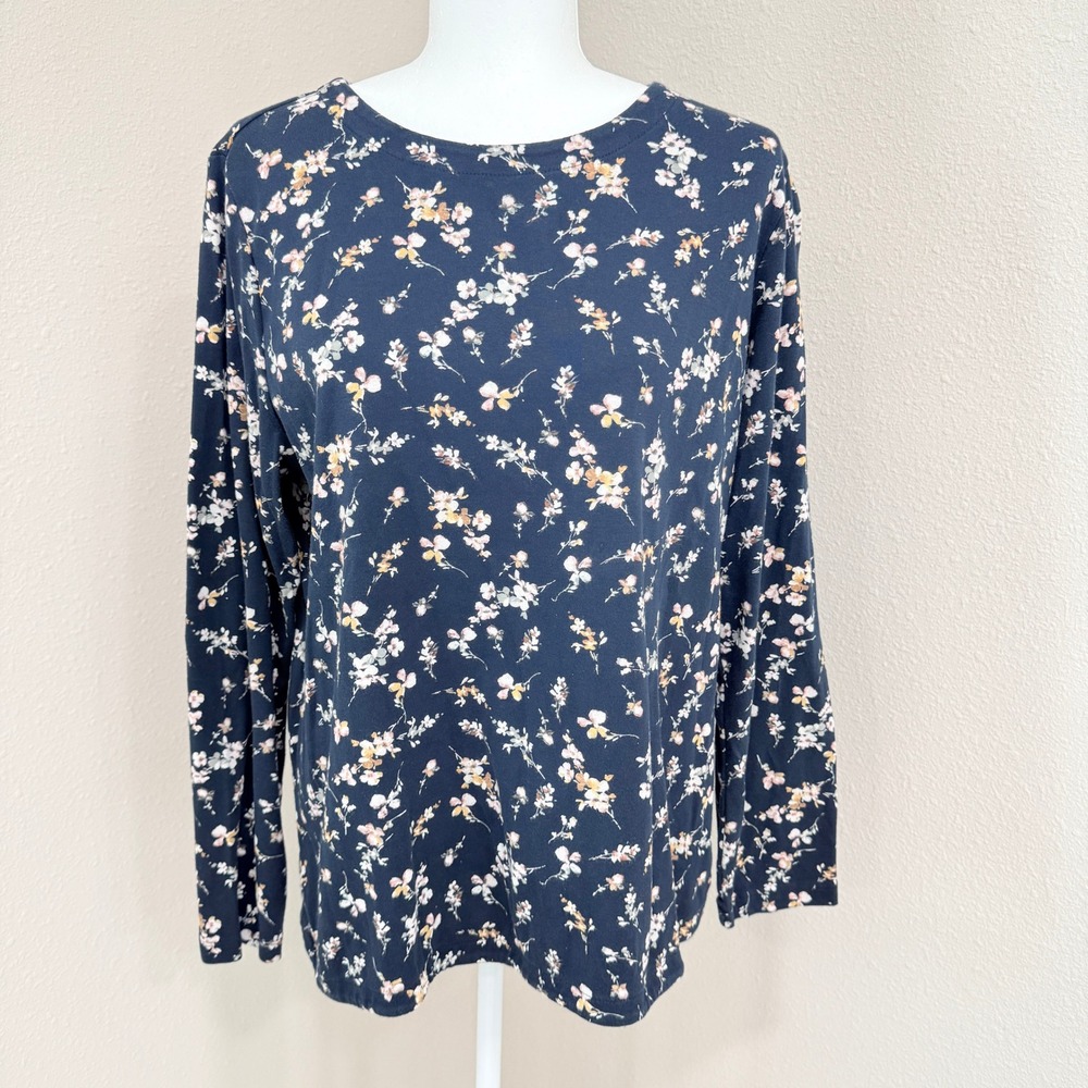 J. Jill Pima Crew Neck Long Sleeve Large Navy Blue Floral